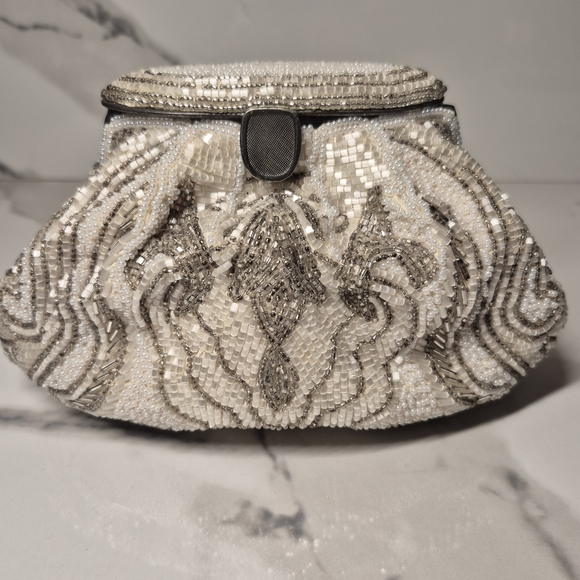 None Handbags - Beaded Clutch  White and Silver